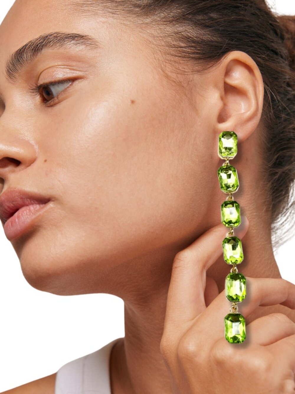 Olive Green Glam Party Peridot Emerald Cut Crystal Earrings 18K Gold Plated NEW